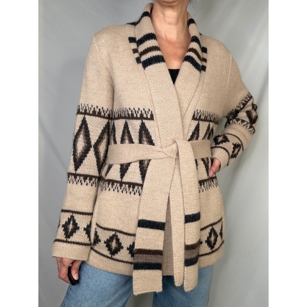 Overland Sylvia Cardigan Sweater Tan Alpaca Belted Tribal Shawl Collar Wool M - Picture 9 of 11
